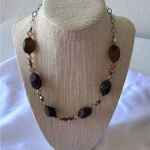Wood & Amber Color Crystal Bead Necklace 18” Western Y2K Casual Lightweight